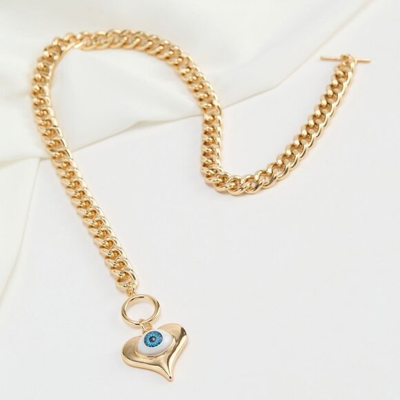 Evil Eye Heart Pendant Necklace Gold Tone Toggle Clasp 15 Inch Chain New - Picture 7 of 10